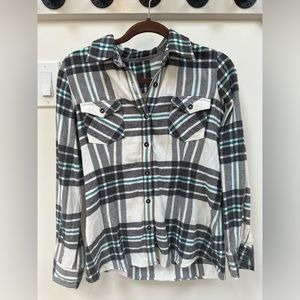 Grey, White, and Turquoise Flannel Shirt (Size Medium)